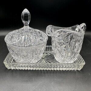 Vintage Hobstar Fan Glass Sugar & Creamer Set With Tray